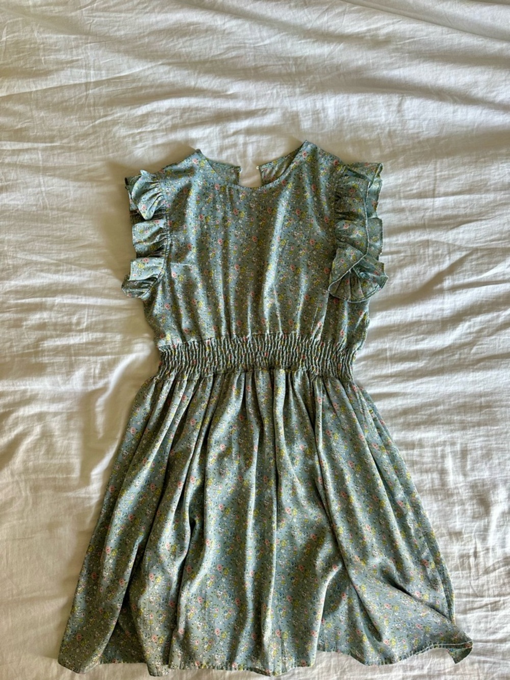 Green Floral Smocked Waist Ruffle Sleeve Dress